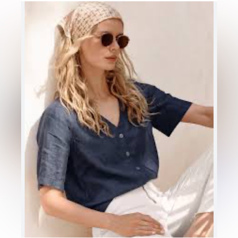 Garnet Hill Gabby Button-Front Linen Top 500567 Indigo coastal CBK 16 18 XL